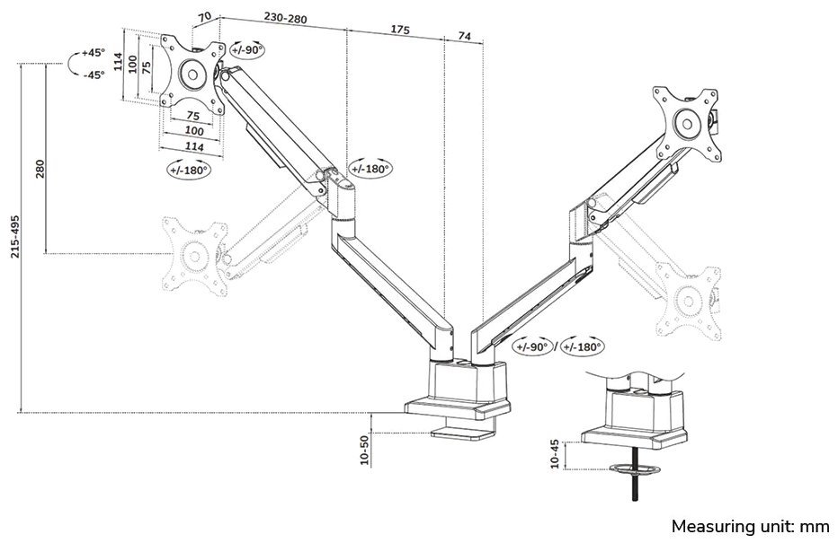 Neomounts DS70-250SL2 Neomounts NEXT Slim Desk Mount, double display (topfix clamp/grommet), silver