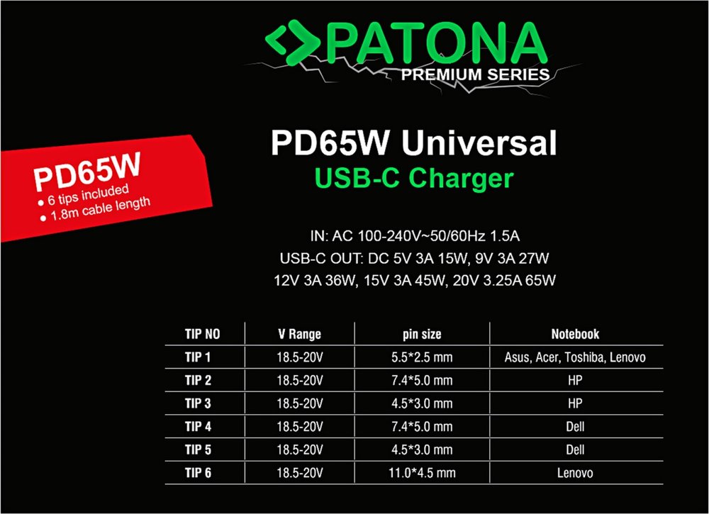 PATONA napájecí adaptér k ntb/ 18,5-20V 65W/ 6 konektorů/ UNI/ USB-C/ Power delivery