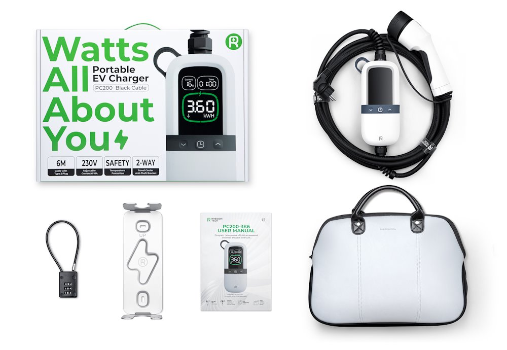 EVSE AC přenosná, jednofázová nabíječka pro elektromobily, pro domácnosti, 3.6kW, 6m kabel s konektorem T2