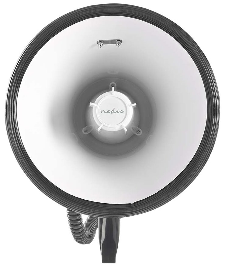 NEDIS megafon/ BT/ rozsah 1500m/ hlasitost 120dB/ odnímatelný mikrofon/ vestavěná siréna/ ramenní popruh/ černo-bílý