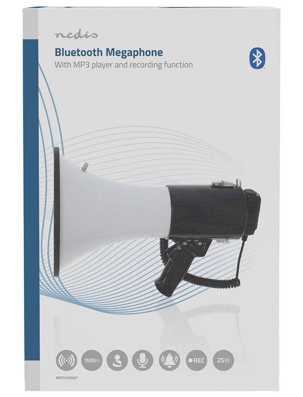 NEDIS megafon/ BT/ rozsah 1500m/ hlasitost 120dB/ odnímatelný mikrofon/ vestavěná siréna/ ramenní popruh/ černo-bílý