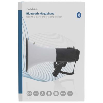 NEDIS megafon/ BT/ rozsah 1500m/ hlasitost 120dB/ odnímatelný mikrofon/ vestavěná siréna/ ramenní popruh/ černo-bílý