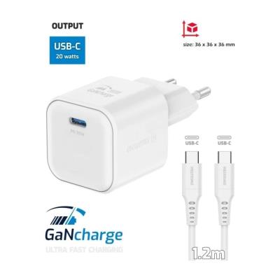 Swissten síťový adaptér gan 1x usb-c 20w power delivery bílý + datový kabel usb-c/usb-c 1,2 m bílý