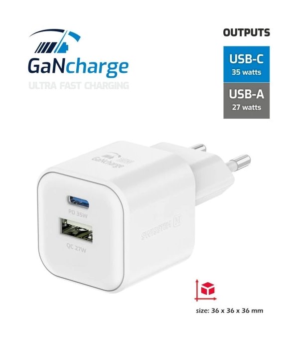 Swissten síťový adaptér gan 1x usb-c 35w pd + 1x usb-a 27w qc bílý