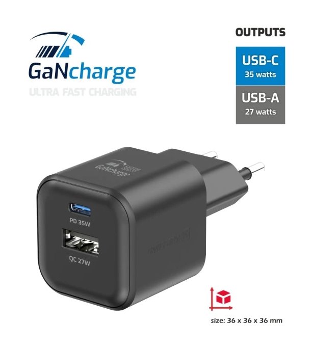 Swissten síťový adaptér gan 1x usb-c 35w pd + 1x usb-a 27w qc černý