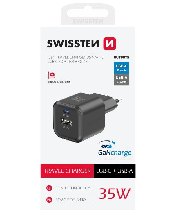 Swissten síťový adaptér gan 1x usb-c 35w pd + 1x usb-a 27w qc černý