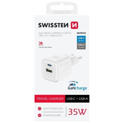 Swissten síťový adaptér gan 1x usb-c 35w pd + 1x usb-a 27w qc bílý
