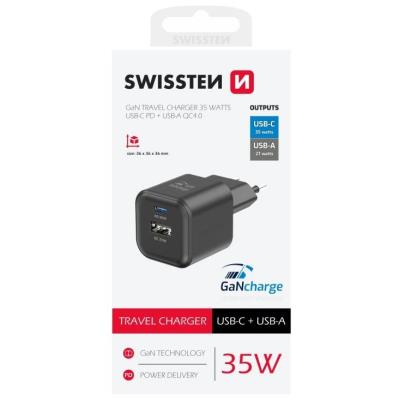 Swissten síťový adaptér gan 1x usb-c 35w pd + 1x usb-a 27w qc černý