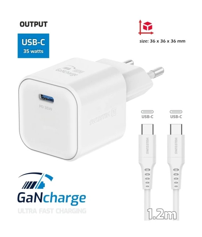 Swissten síťový adaptér gan 1x usb-c 35w power delivery bílý + datový kabel usb-c/usb-c 1,2 m bílý