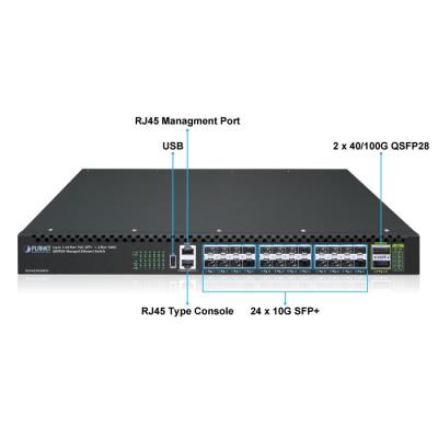 Planet XGS-6350-24X2C L3 switch, 24x10G SFP+, 2x100Gb QSFP28, QoS, 2x power-in
