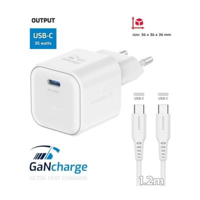 Swissten síťový adaptér gan 1x usb-c 35w power delivery bílý + datový kabel usb-c/usb-c 1,2 m bílý