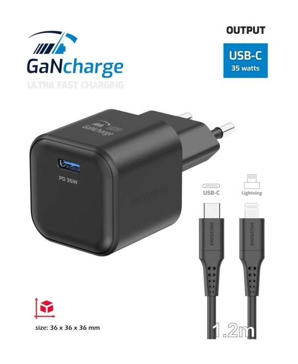 Swissten síťový adaptér gan 1x usb-c 35w power delivery černý + datový kabel usb-c/lightning 1,2 m černý