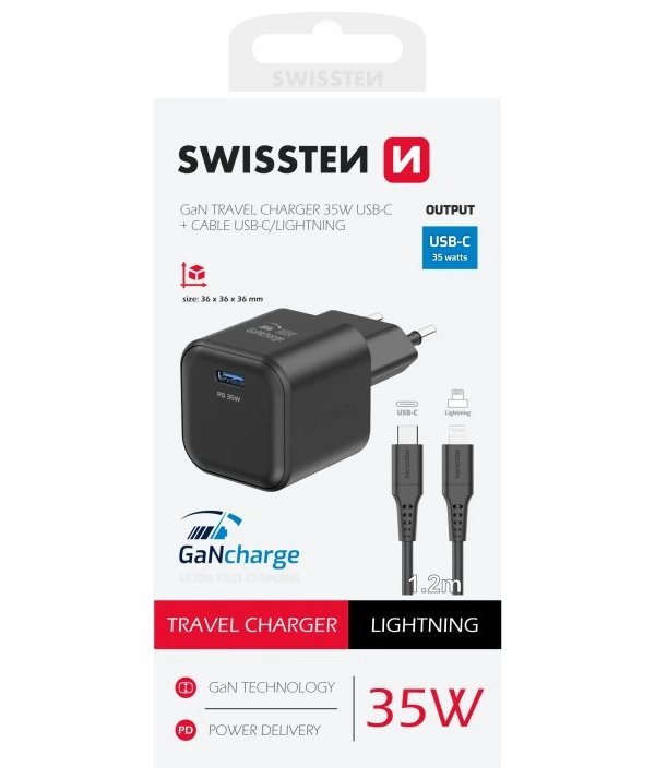 Swissten síťový adaptér gan 1x usb-c 35w power delivery černý + datový kabel usb-c/lightning 1,2 m černý