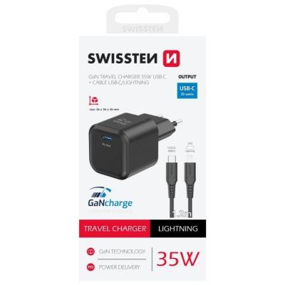 Swissten síťový adaptér gan 1x usb-c 35w power delivery černý + datový kabel usb-c/lightning 1,2 m černý
