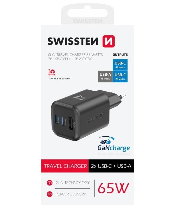 Swissten síťový adaptér gan 2x usb-c 65w pd + 1x usb-a 18w qc černý