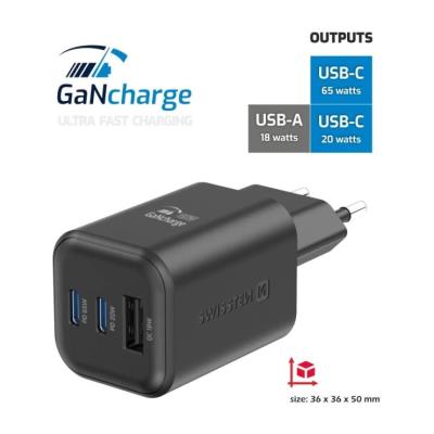 Swissten síťový adaptér gan 2x usb-c 65w pd + 1x usb-a 18w qc černý