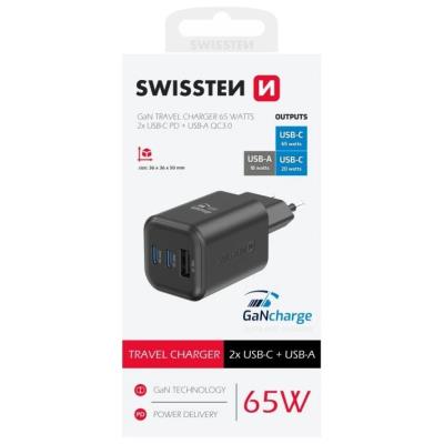Swissten síťový adaptér gan 2x usb-c 65w pd + 1x usb-a 18w qc černý