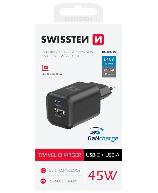 Swissten síťový adaptér gan 1x usb-c 45w pd + 1x usb-a 18w qc černý