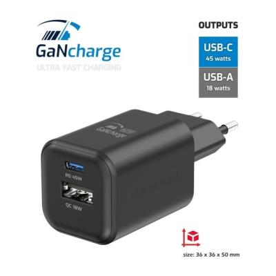 Swissten síťový adaptér gan 1x usb-c 45w pd + 1x usb-a 18w qc černý