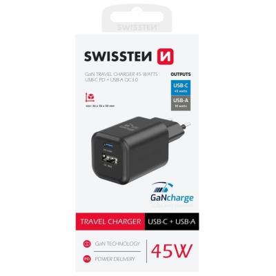 Swissten síťový adaptér gan 1x usb-c 45w pd + 1x usb-a 18w qc černý