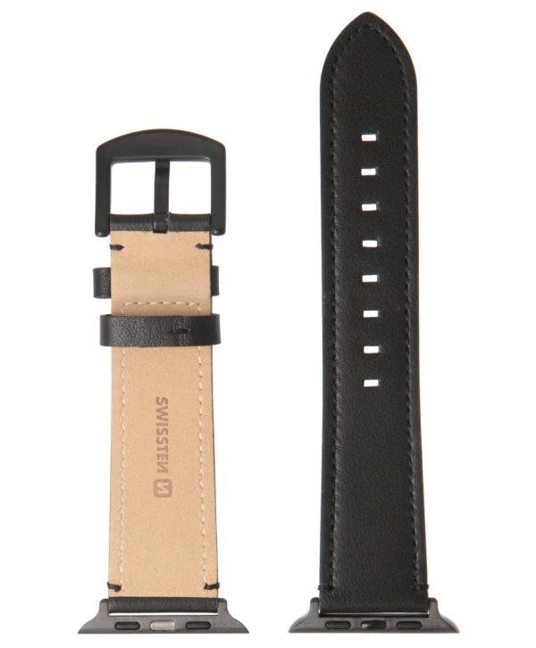 Swissten řemínek pro apple watch kožený 42 / 44 / 45 / 49 mm černý (černá spona a černé poutko)