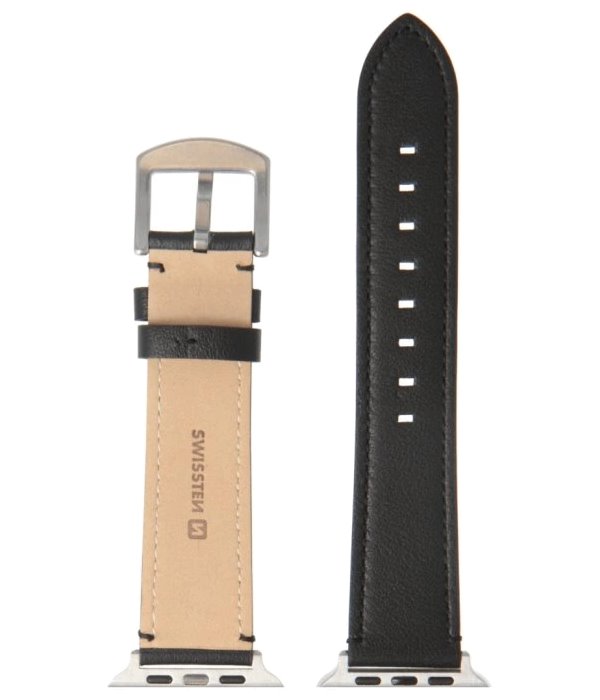 Swissten řemínek pro apple watch kožený 42 / 44 / 45 / 49 mm černý (stříbrná spona a stříbrné poutko)