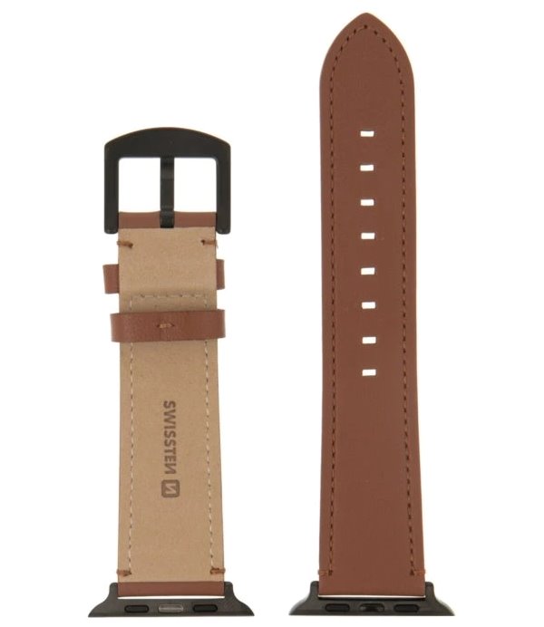 Swissten řemínek pro apple watch kožený 42 / 44 / 45 / 49 mm hnědý (černá spona a černé poutko)