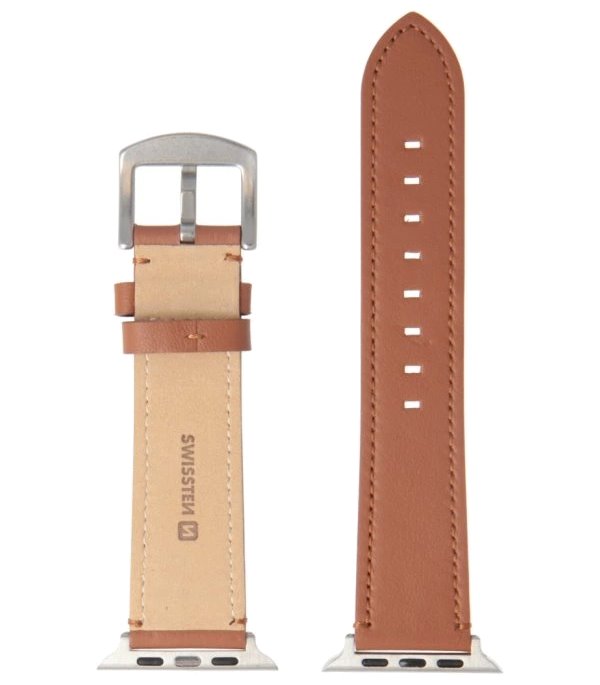 Swissten řemínek pro apple watch kožený 42 / 44 / 45 / 49 mm hnědý (stříbrná spona a stříbrné poutko)