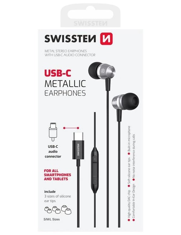 Swissten usb-c sluchátka metallic černá