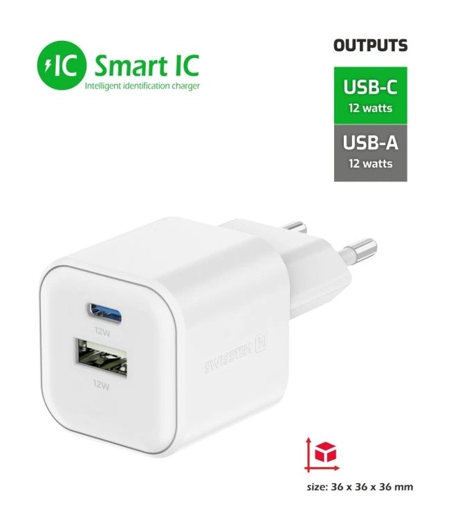 Swissten síťový adaptér 12w 1x usb-c + 1x usb-a  bílý