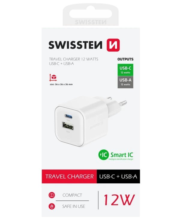 Swissten síťový adaptér 12w 1x usb-c + 1x usb-a  bílý