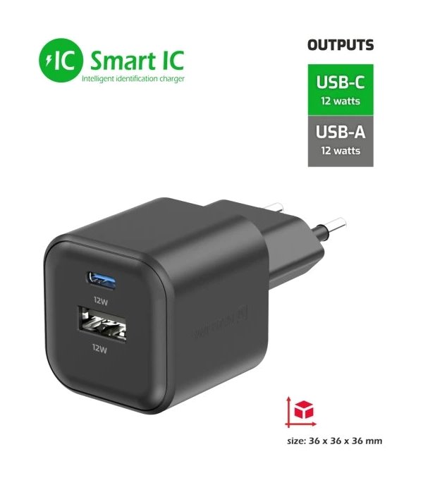 Swissten síťový adaptér 12w 1x usb-c + 1x usb-a  černý
