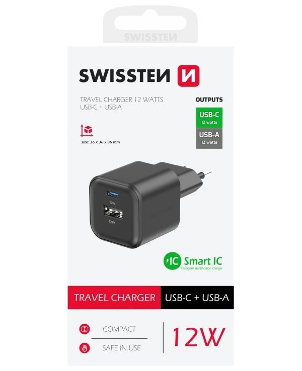 Swissten síťový adaptér 12w 1x usb-c + 1x usb-a  černý