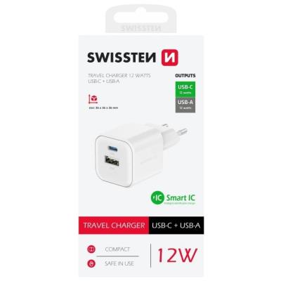 Swissten síťový adaptér 12w 1x usb-c + 1x usb-a  bílý