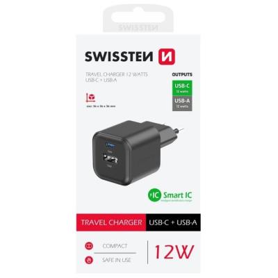 Swissten síťový adaptér 12w 1x usb-c + 1x usb-a  černý