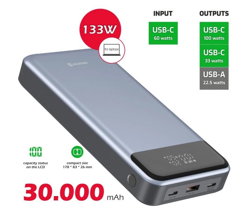 Swissten power bank 30000 mah pro notebooky 133w power delivery grey