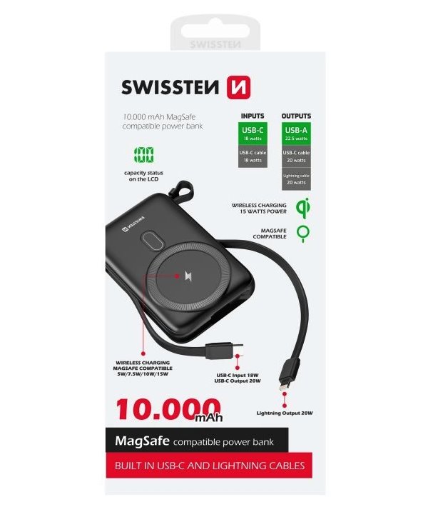 Swissten power bank 10000 mah pd 20w s integrovanými kabely  usb-c a lightning (kompatibilní s magsafe)