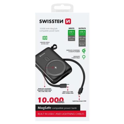 Swissten power bank 10000 mah pd 20w s integrovanými kabely  usb-c a lightning (kompatibilní s magsafe)