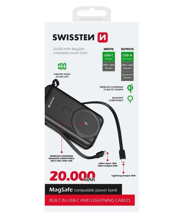 Swissten power bank 20000 mah pd 20w s integrovanými kabely  usb-c a lightning (kompatibilní s magsafe)