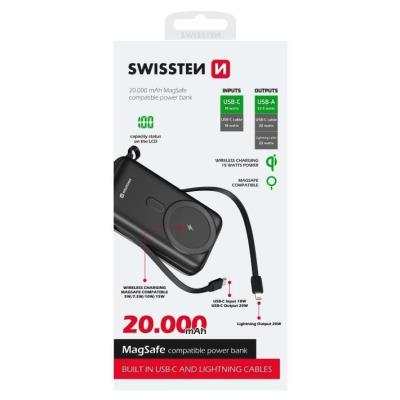 Swissten power bank 20000 mah pd 20w s integrovanými kabely  usb-c a lightning (kompatibilní s magsafe)
