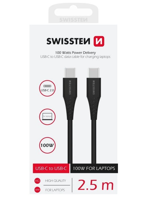 Swissten datový kabel tpe usb-c/usb-c power delivery 5a (100w) 2,5 m černý
