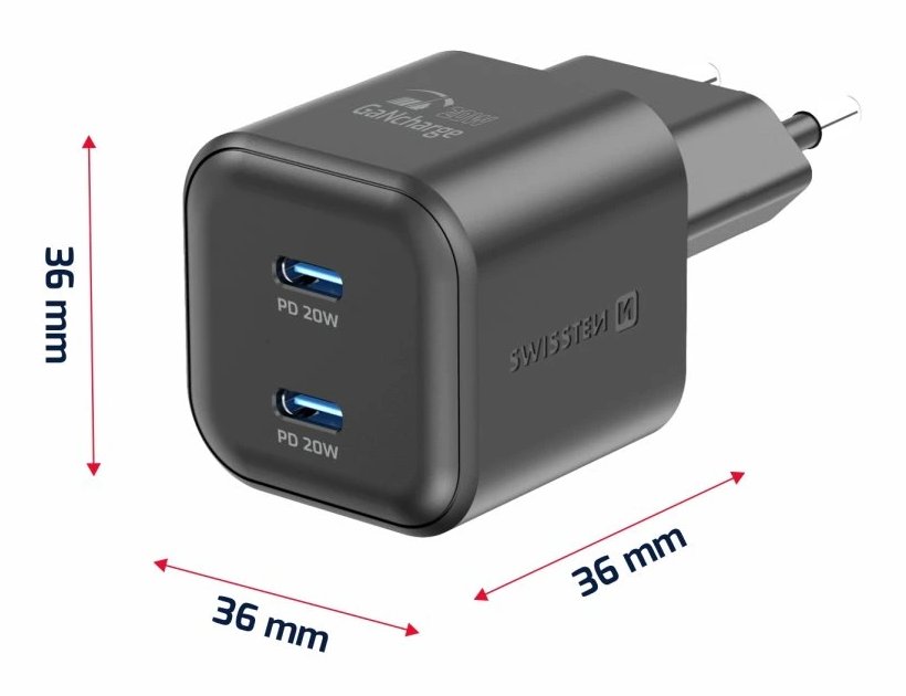 Swissten síťový adaptér gan 2x usb-c 20w power delivery černý