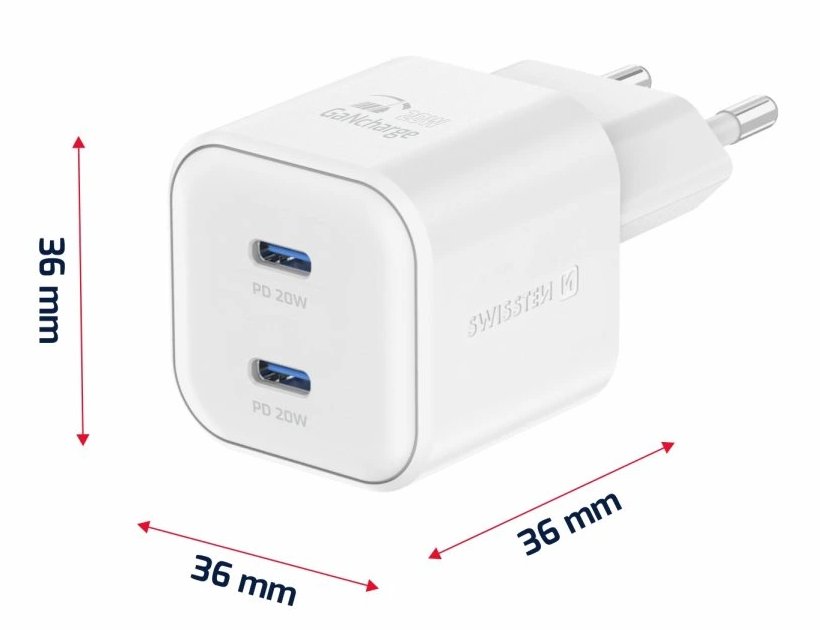 Swissten síťový adaptér gan 2x usb-c 20w power delivery bílý