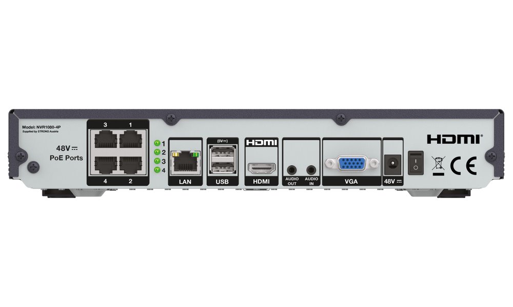STRONG NVR rekordér NVR1080-4P/ pro 4 kamery/ 4x PoE/ rozlišení 8Mpix/ HDMI/ VGA/ USB/ LAN/ SATA až 8TB HDD