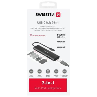 Swissten usb-c hub 7-in-1 (usb-c 100w, hdmi 4k, 1x usb-a 3.0, 2x usb-a 2.0, sd, micro sd) aluminium