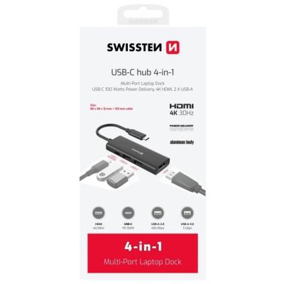 Swissten usb-c hub 4-in-1 (usb-c 100w, hdmi 4k, 2x usb-a) aluminium