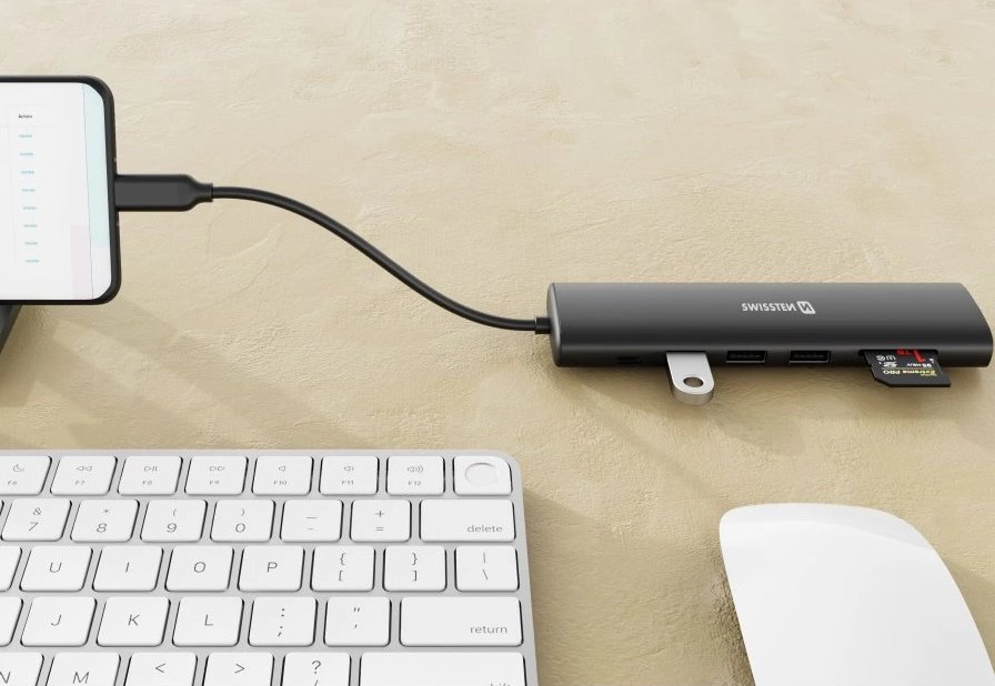 Swissten usb-c hub 7-in-1 (usb-c 100w, hdmi 4k, 1x usb-a 3.0, 2x usb-a 2.0, sd, micro sd) aluminium