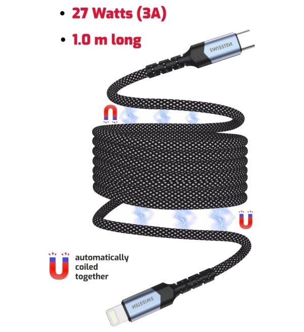 Swissten magnetický datový kabel samonavíjecí usb-c / lightning 1 m