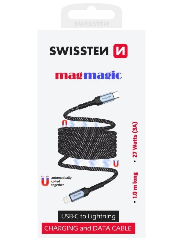 Swissten magnetický datový kabel samonavíjecí usb-c / lightning 1 m