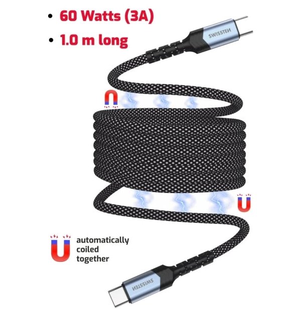 Swissten magnetický datový kabel samonavíjecí usb-c / usb-c 1 m